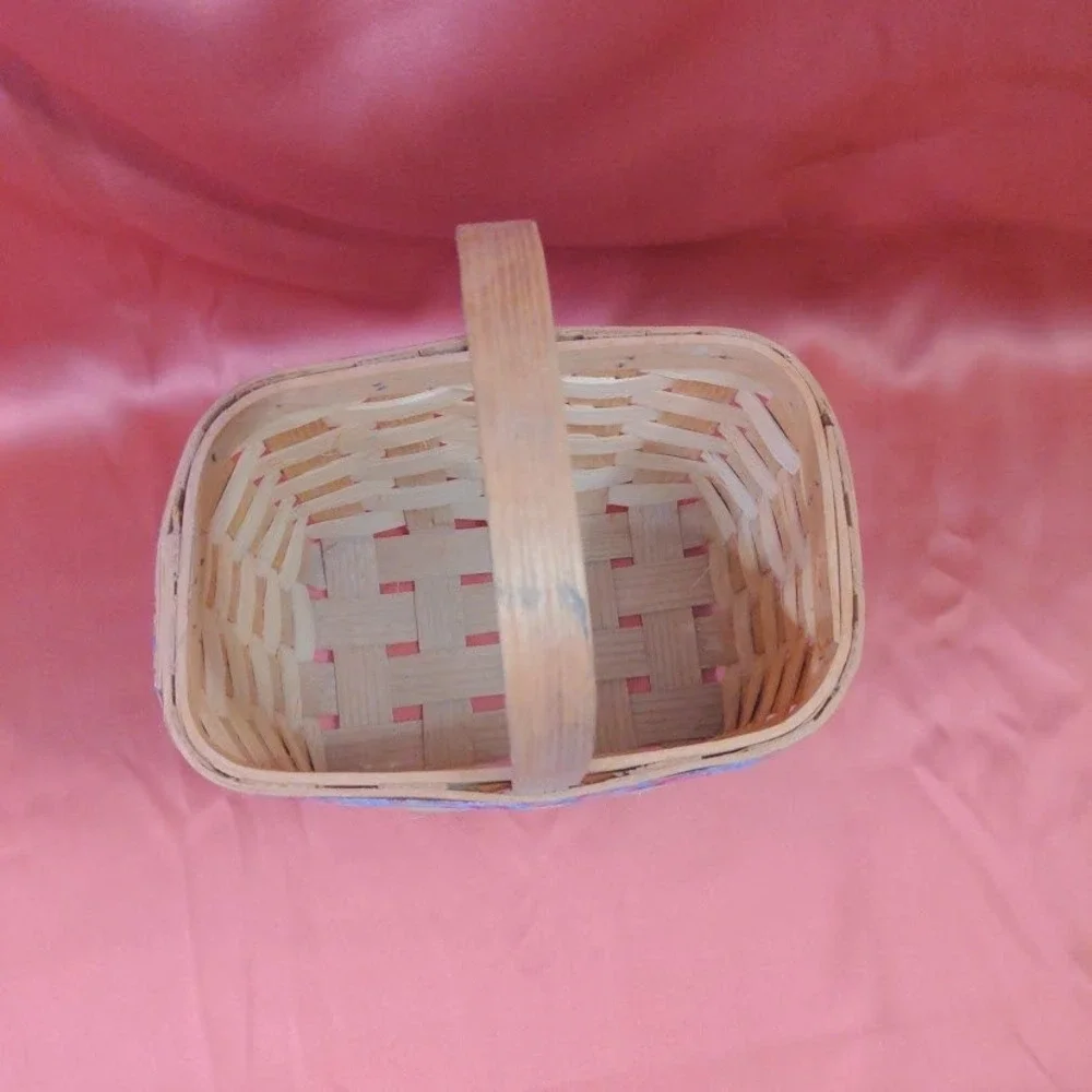 Vintage Woven Wood Splint Basket with Floral Fabric Trim and Fixed Handle